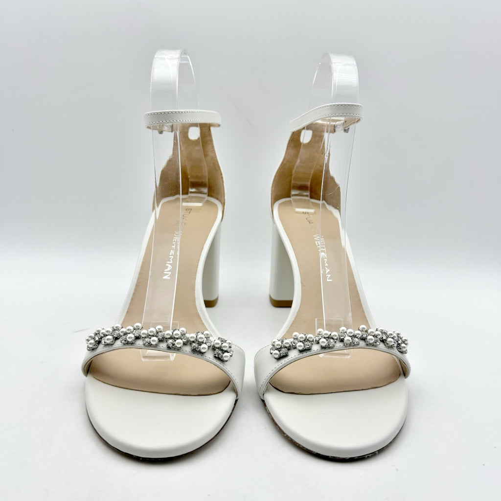 Stuart Weitzman Women Nudist Poppy 75 Block Heel Sandal US 8.5 White Leather NIB