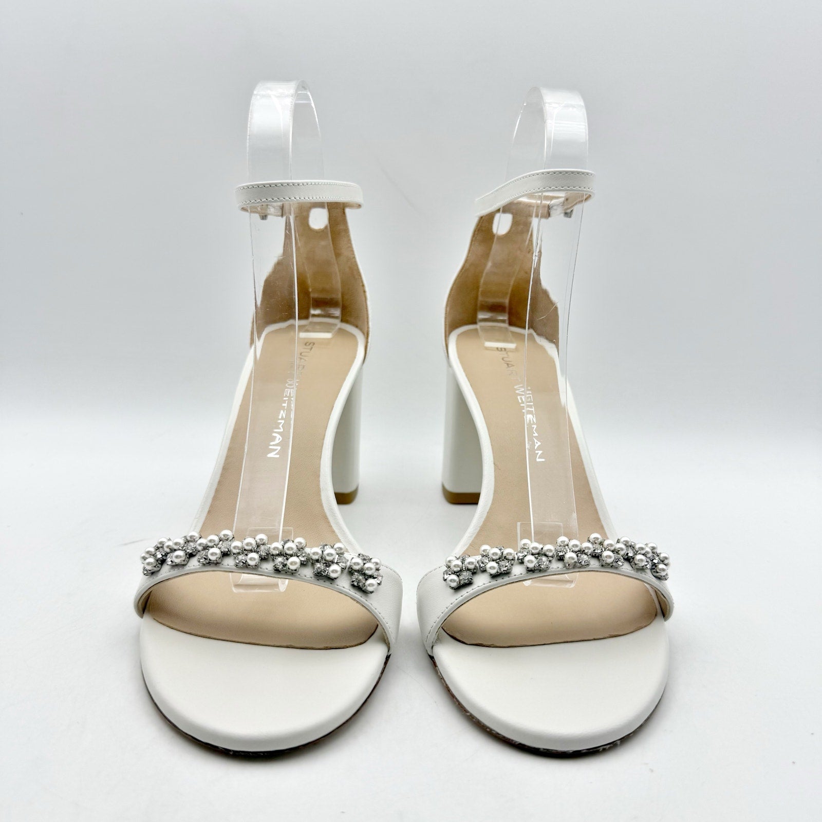 Stuart Weitzman Women Nudist Poppy 75 Block Heel Sandal US 8.5 White Leather NIB