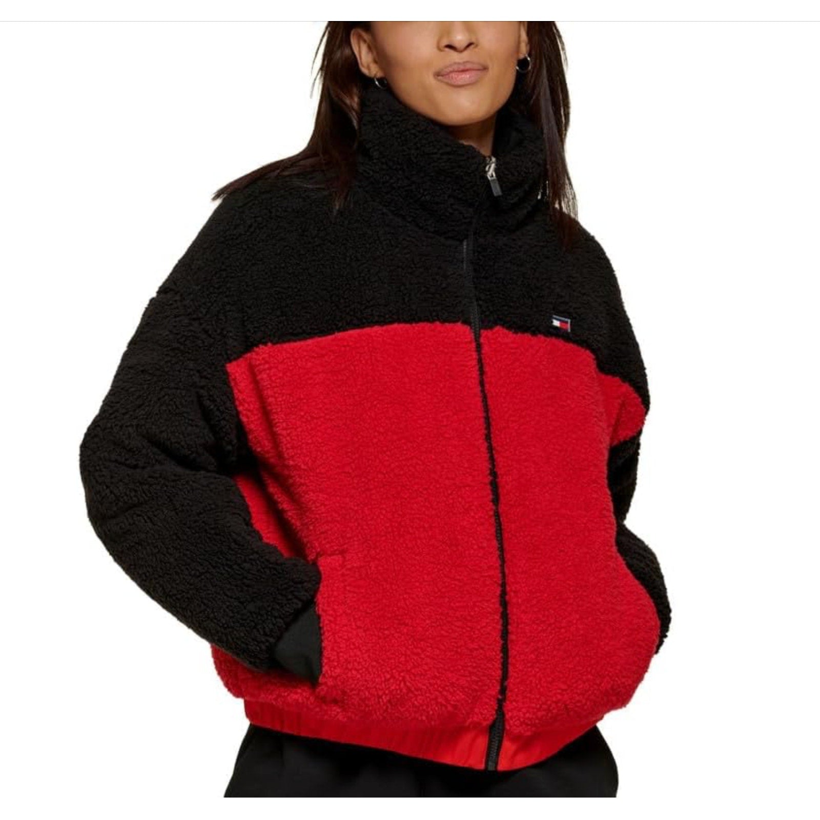 TOMMY HILFIGER SPORT Womens Reversible Track Jacket Small Red Black Sherpa NWT