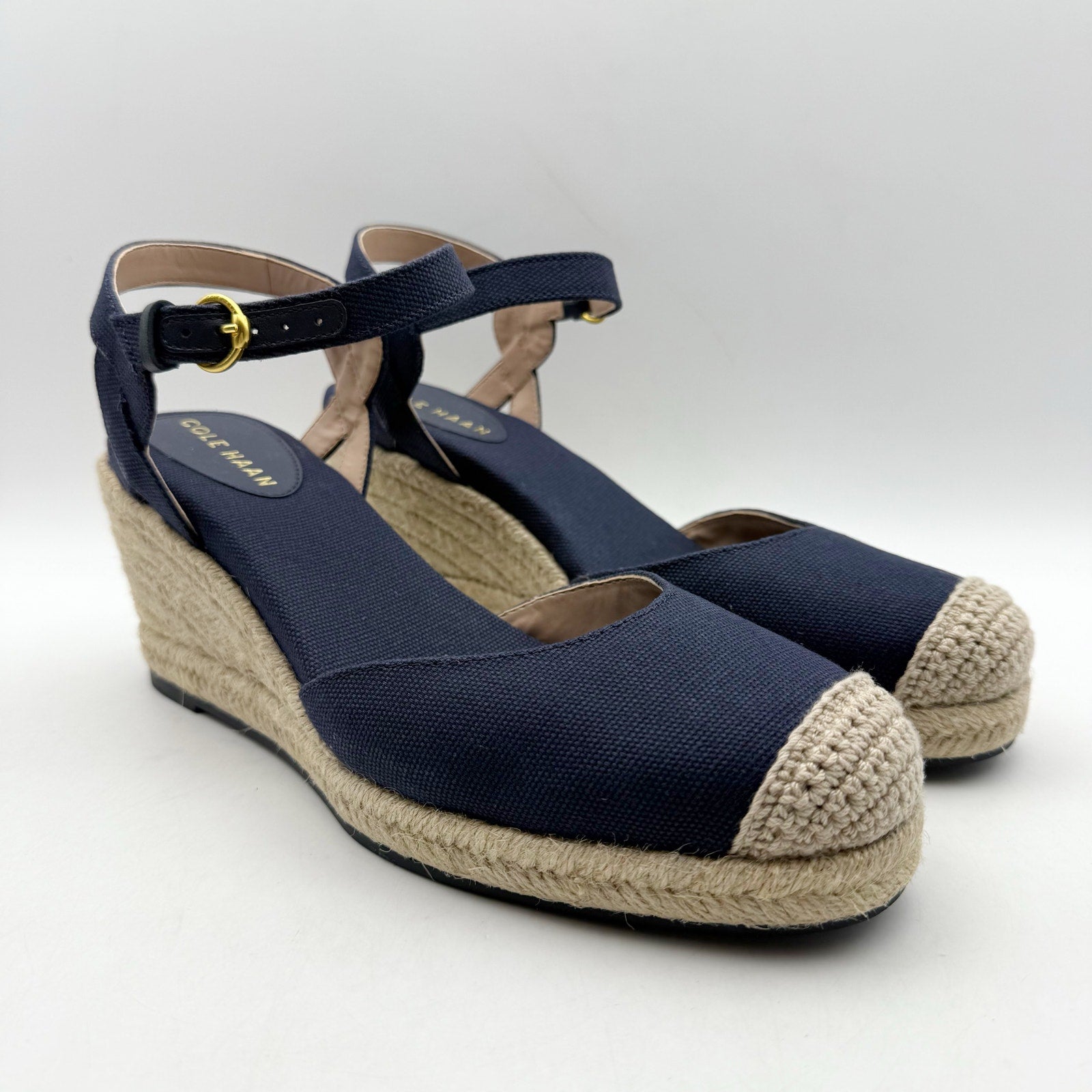 Cole Haan Women Cloudfeel Espadrille Platform Wedge Heel US 9.5 M Navy Linen NIB