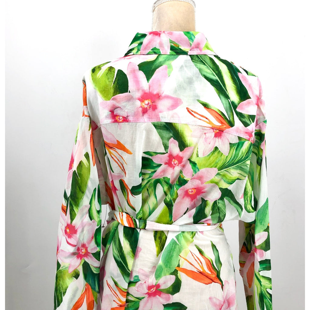 LAUREN RALPH LAUREN Tropical Floral Voile Shirtdress Large White Multi NWT
