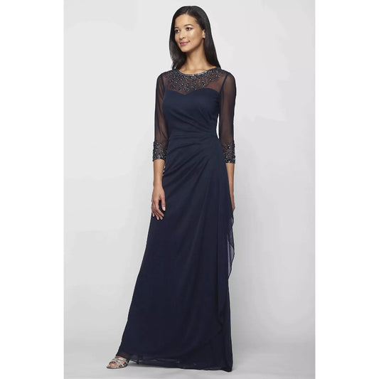 ALEX EVENINGS Illusion Sheath Gown Size 8 Deep Navy Blue Mesh Jeweled Neck NWT