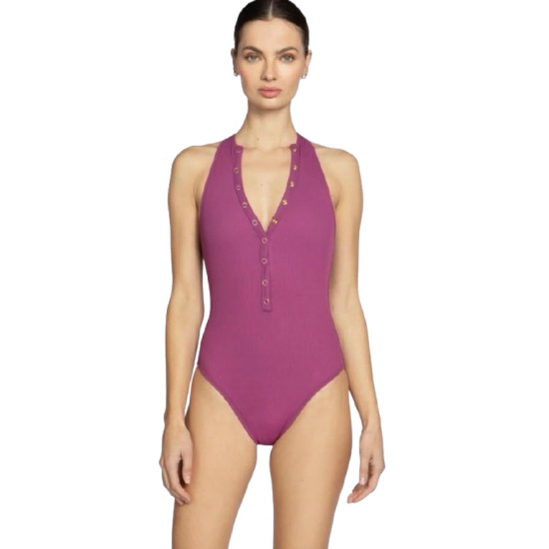ROBIN PICCONE Amy One Piece Swimsuit Size 2 Purple Lotus High Neck Open Back NWT