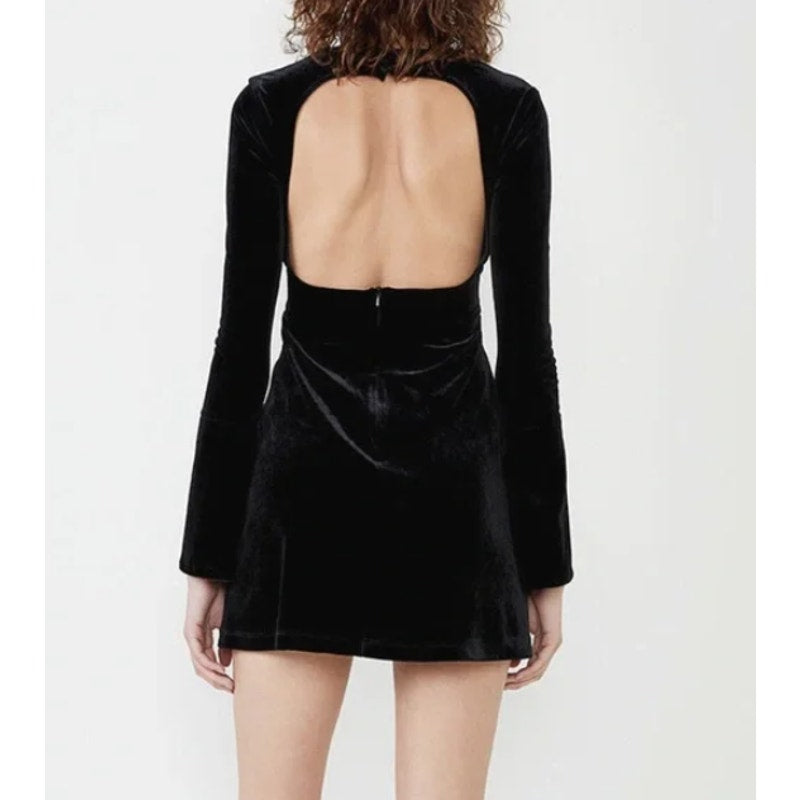 BARDOT Women's Kasra Velour Mini Dress XS US 2 Black Bell Sleeves Cut Out NWT