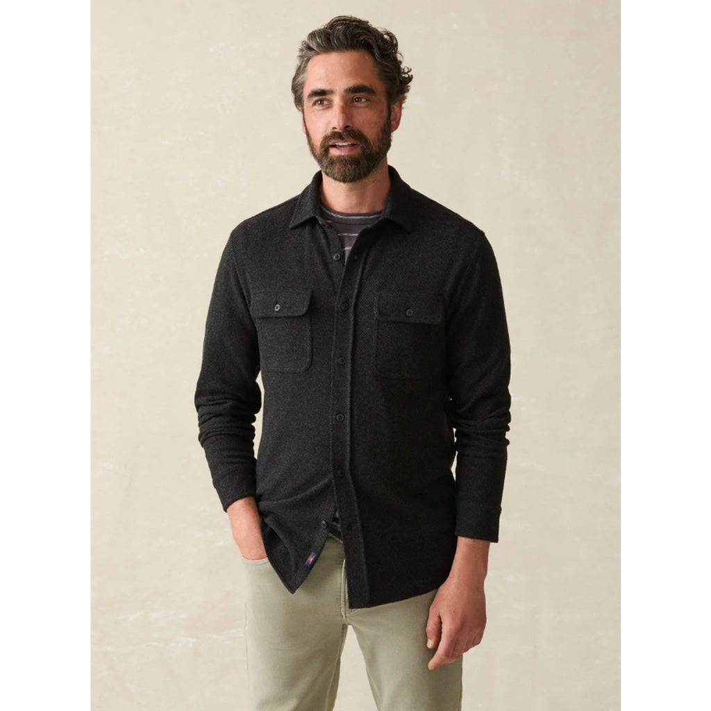 FAHERTY Mens Legend Sweater Shirt Medium Heathered Black Twill Long Sleeve NWT
