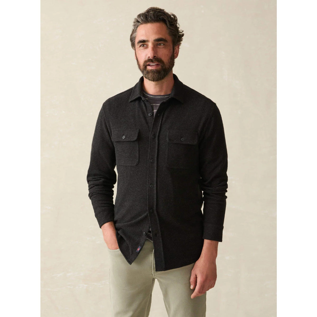FAHERTY Mens Legend Sweater Shirt Medium Heathered Black Twill Long Sleeve NWT