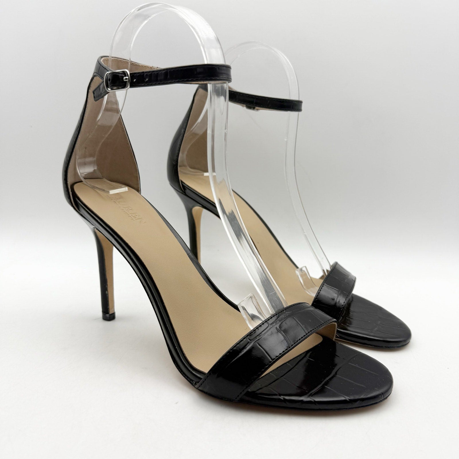 Ralph Lauren Womens Allie Heel Sandals US 8 Black Crocodile-Embossed Leather NIB