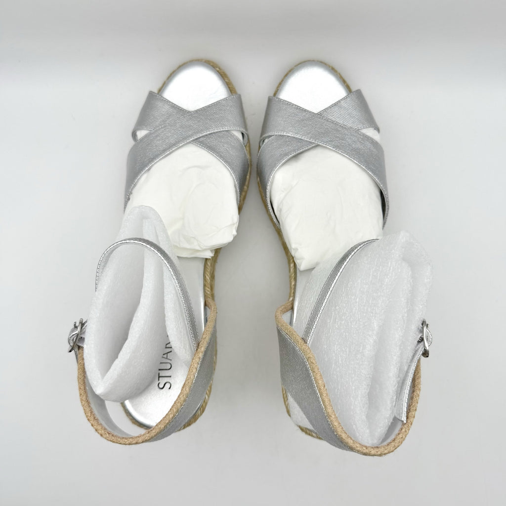 Stuart Weitzman Mirela II Espadrille Wedge Sandals Size 10 B Silver Leather NIB