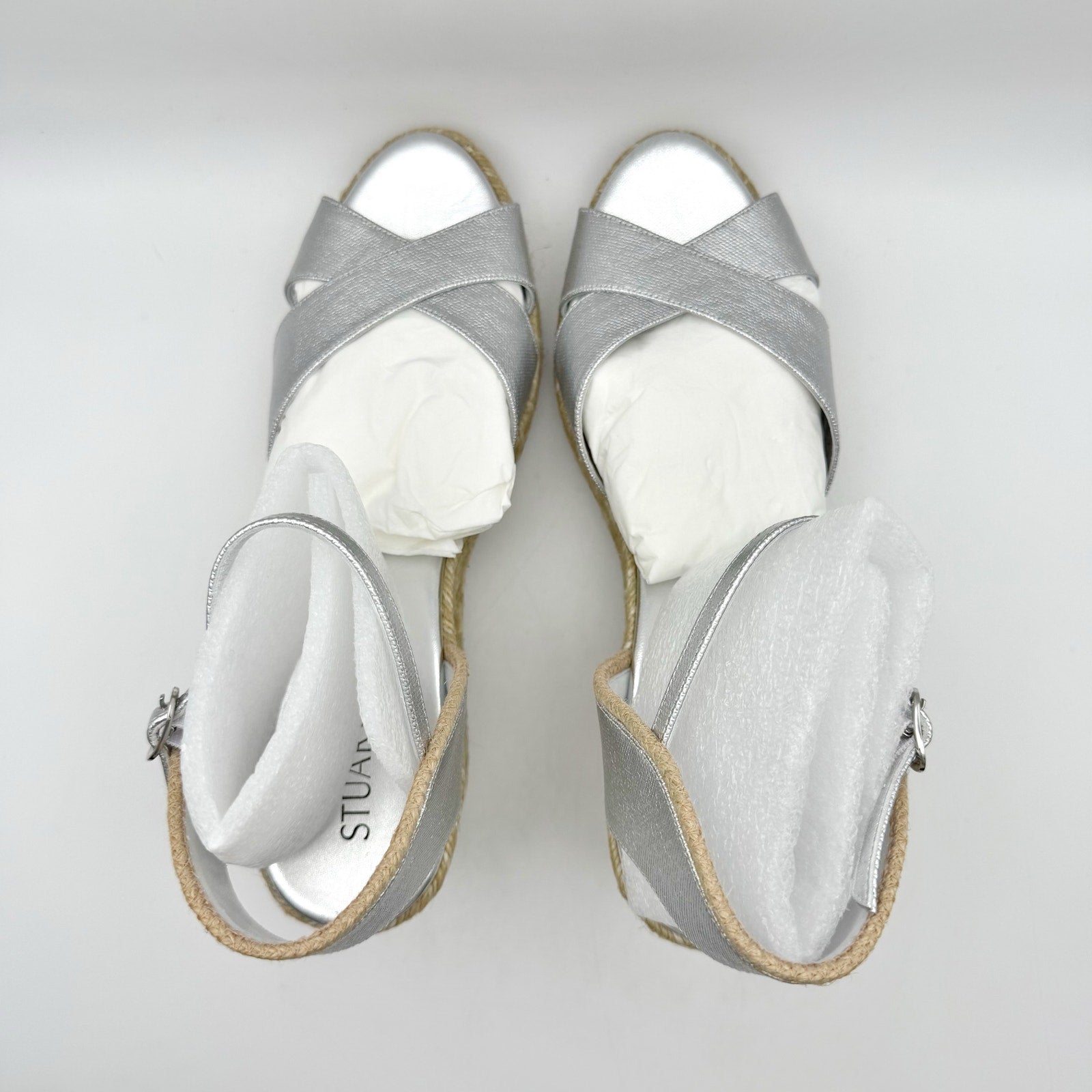 Stuart Weitzman Mirela II Espadrille Wedge Sandals Size 10 B Silver Leather NIB