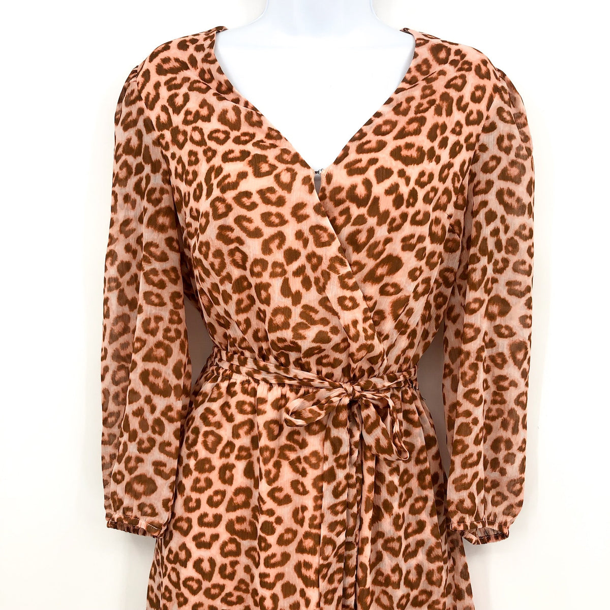 DR2 Women's Leopard V Neck Wrap Dress Small Blush Long Sleeves Lined NWT
