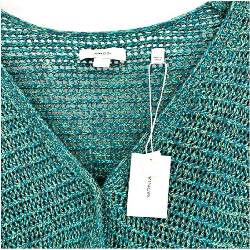 VINCE Women's Marled Crochet Cardigan XS Green Marl V-Neck Cotton NWT