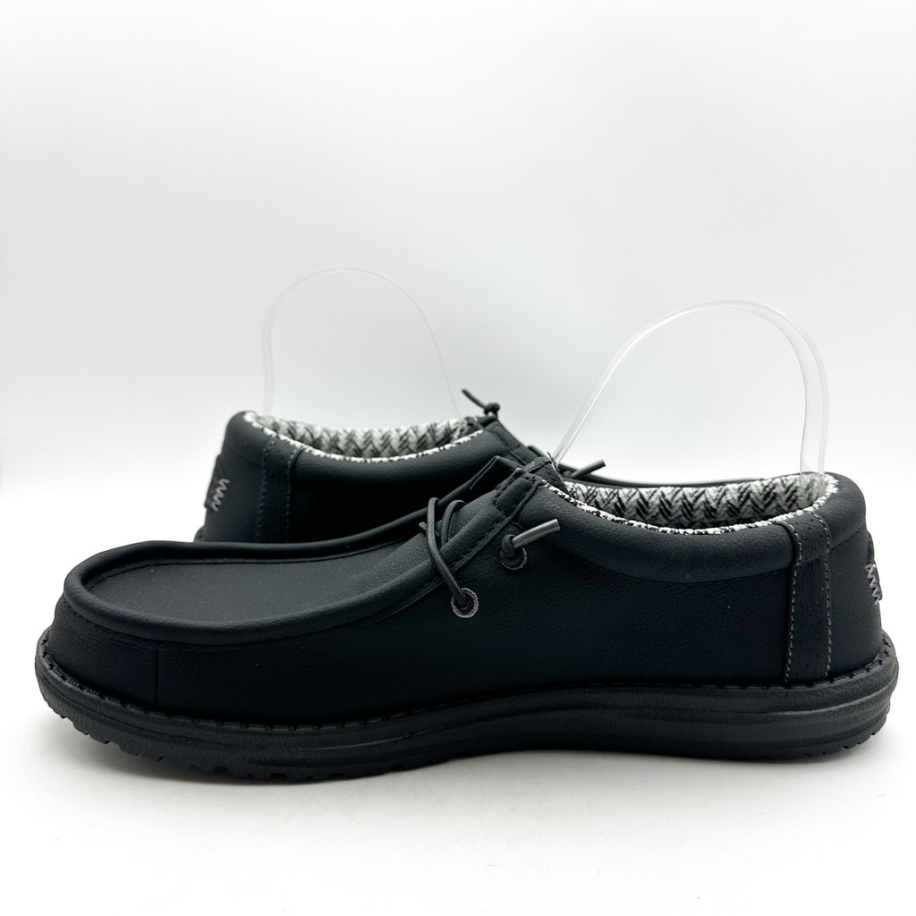 HEY DUDE Mens Wally Classic Sneakers Size 11 Black Faux Leather Slip On NWOB