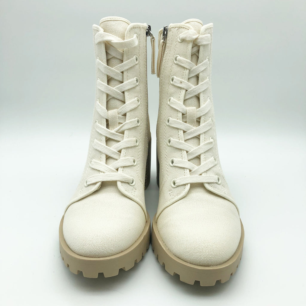 Dolce Vita Womens Combat Boots Size 9 Stacked Heel Off White Canvas NWOB