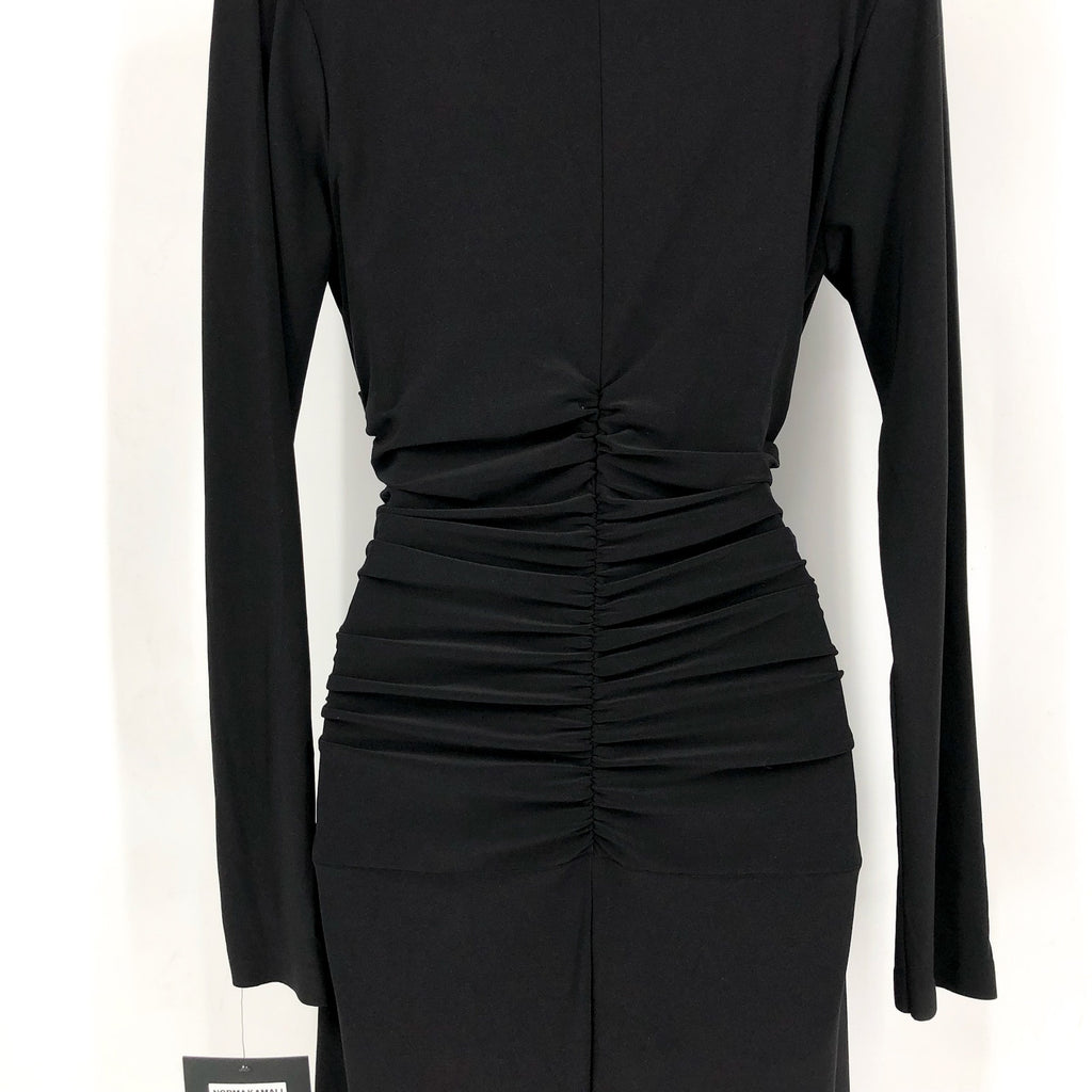NORMA KAMALI V-Neck Shirred Waist Jumpsuit Medium 38 Black Long Sleeve NWT