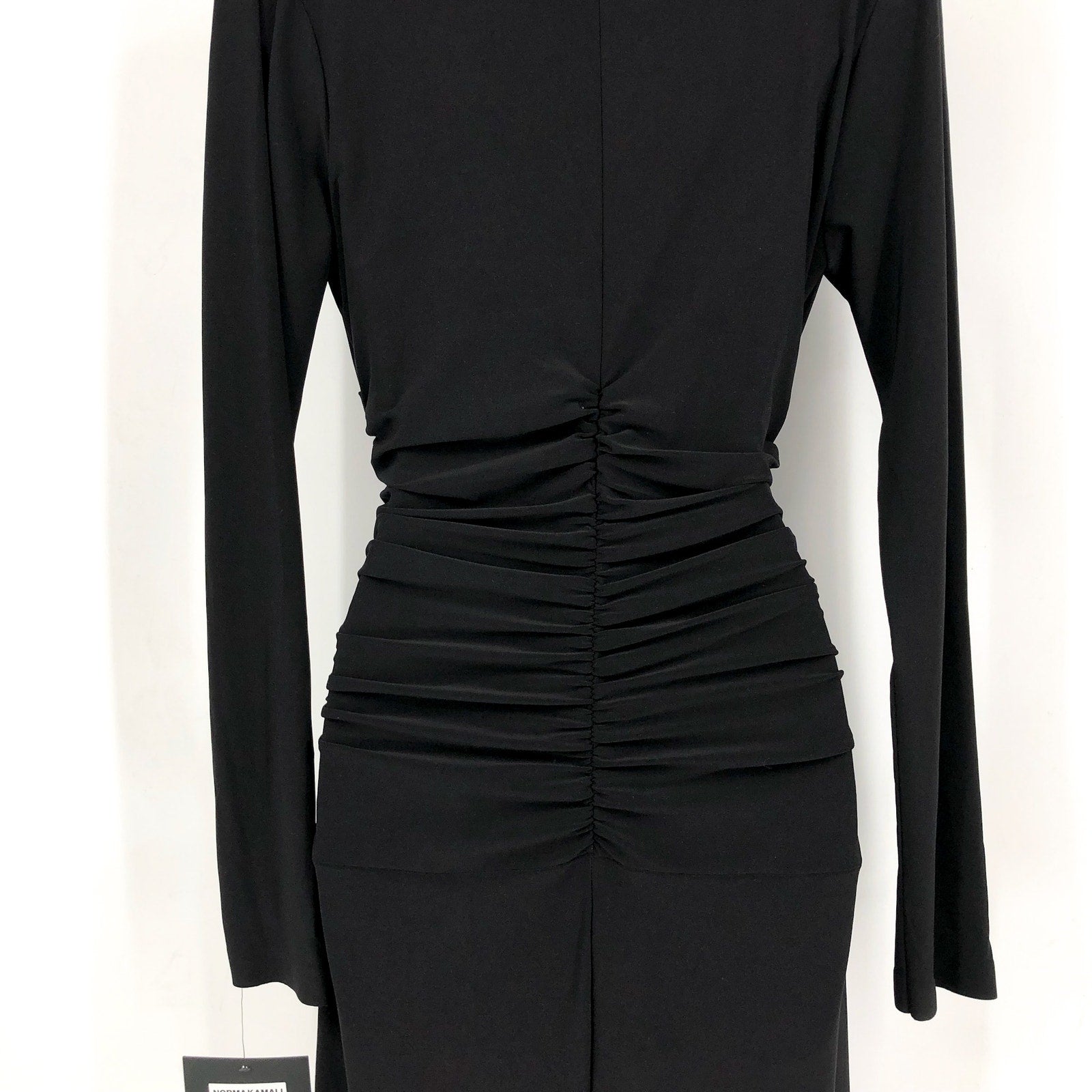 NORMA KAMALI V-Neck Shirred Waist Jumpsuit Medium 38 Black Long Sleeve NWT