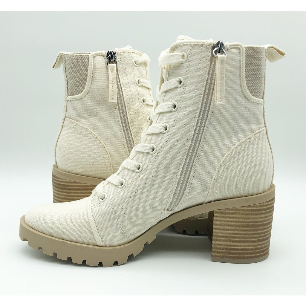 Dolce Vita Womens Combat Boots Size 6 Stacked Heel Off White Canvas NWOB
