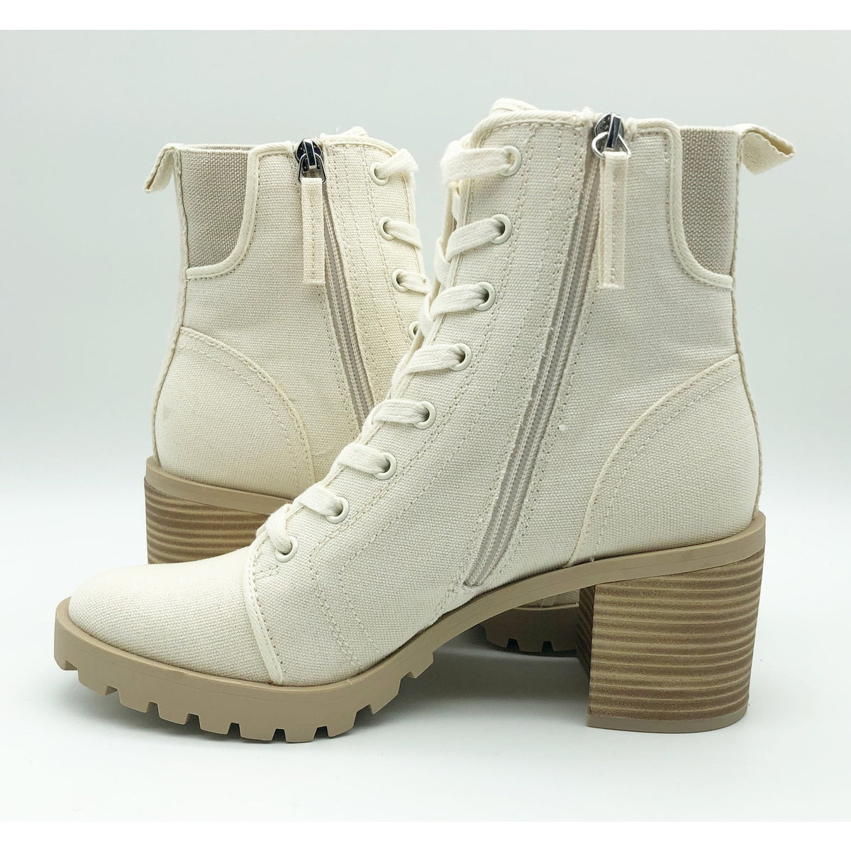 Dolce Vita Womens Combat Boots Size 6 Stacked Heel Off White Canvas NWOB