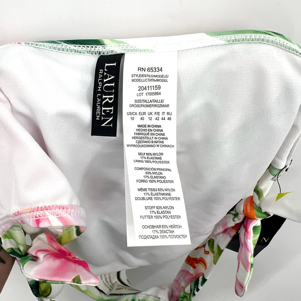 LAUREN RALPH LAUREN Hipster Bikini Bottom Size 10 White Pink Floral Side-Tie NWT