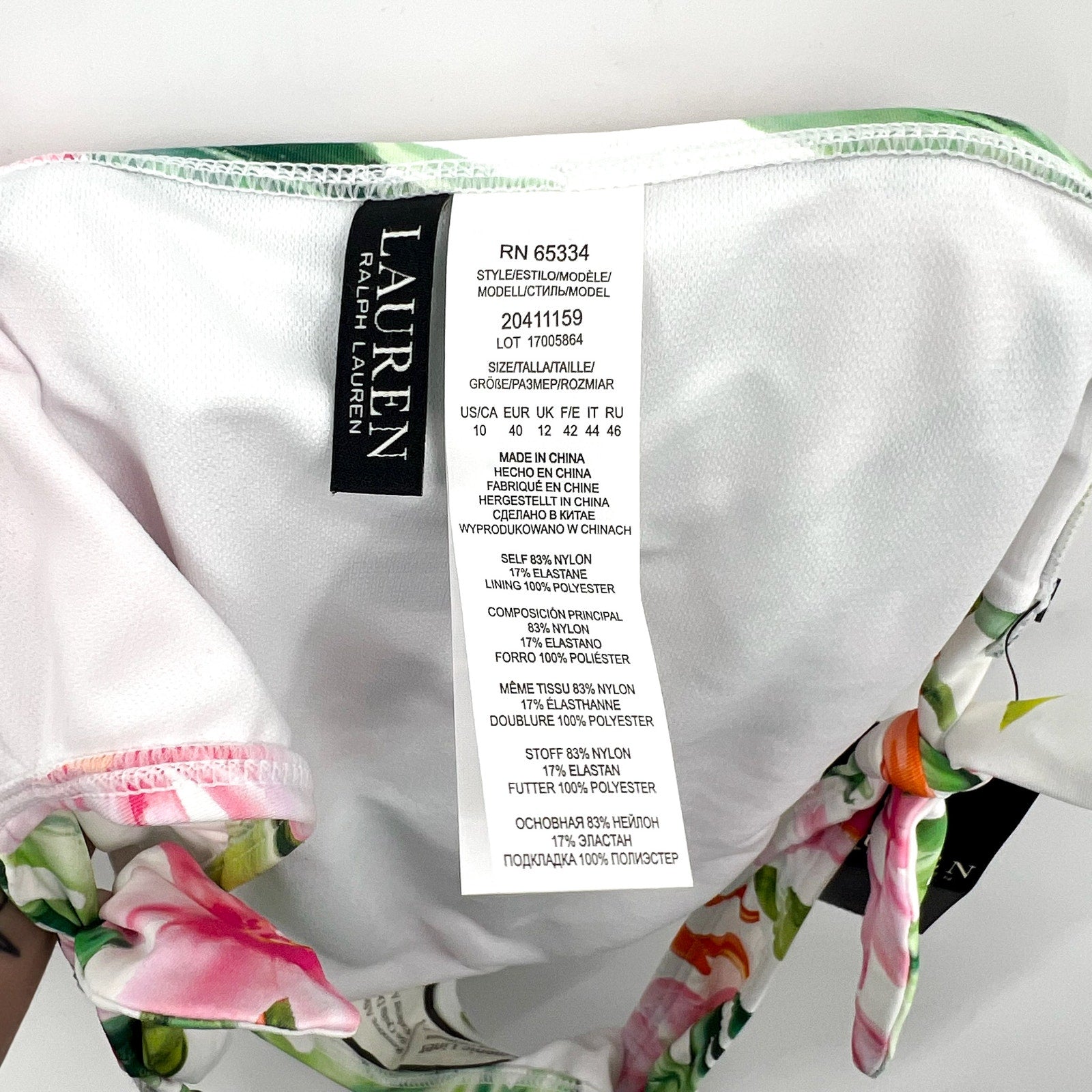 LAUREN RALPH LAUREN Hipster Bikini Bottom Size 10 White Pink Floral Side-Tie NWT