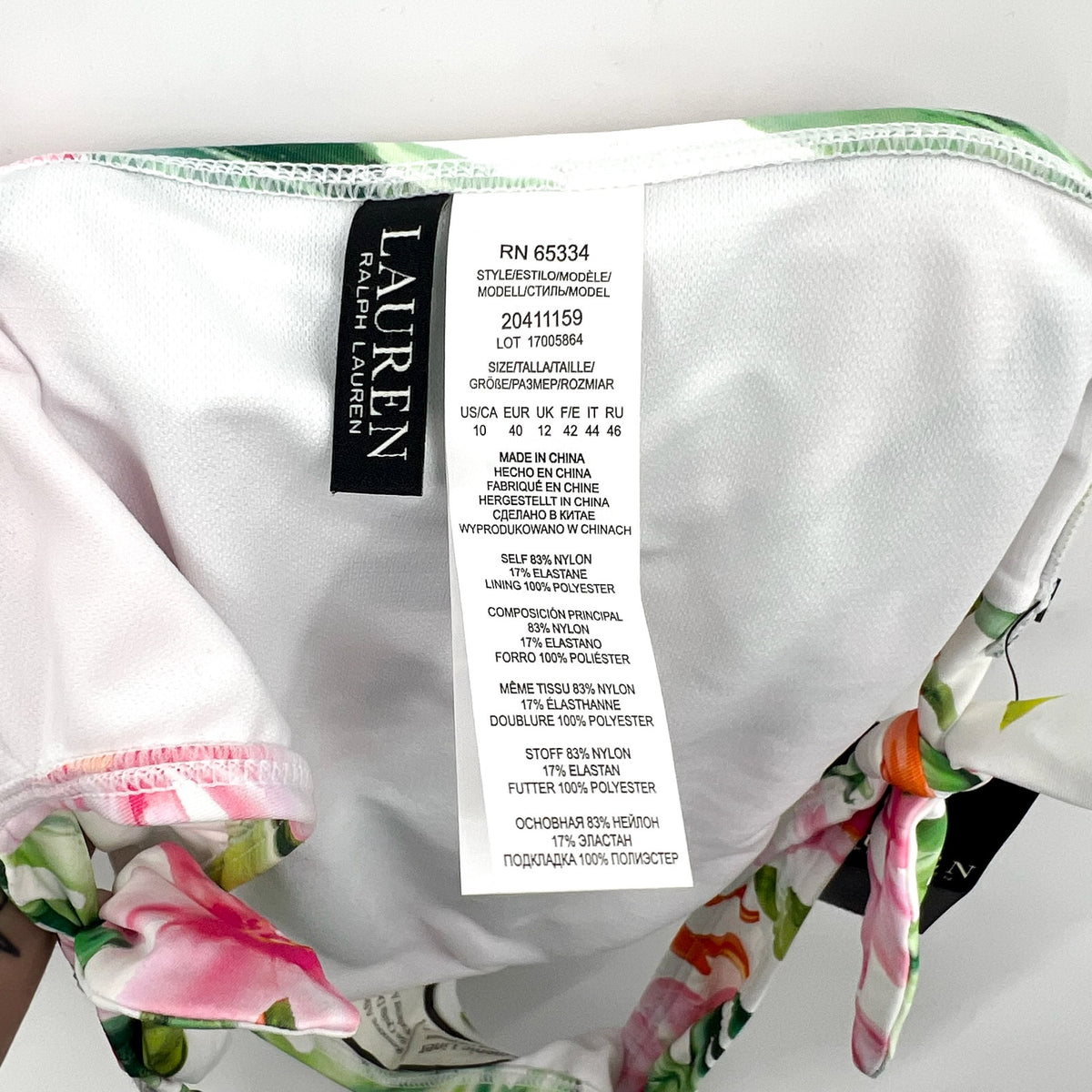 LAUREN RALPH LAUREN Hipster Bikini Bottom Size 10 White Pink Floral Side-Tie NWT