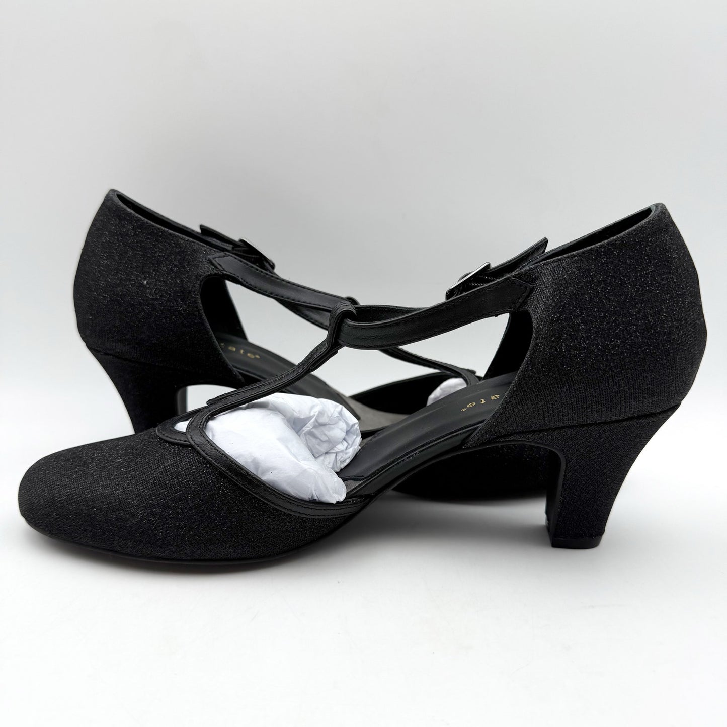 David Tate Womens Fantastic Heels 10 NARROW Black Glitter Fabric T-Strap NIB