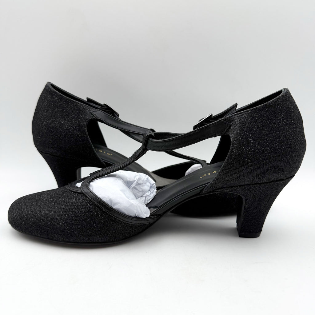 David Tate Womens Fantastic Heels 10 NARROW Black Glitter Fabric T-Strap NIB