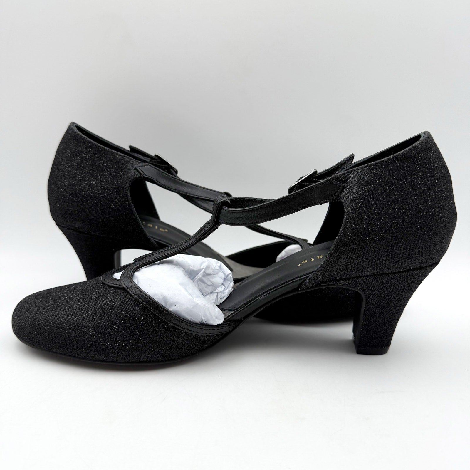 David Tate Womens Fantastic Heels 10 NARROW Black Glitter Fabric T-Strap NIB