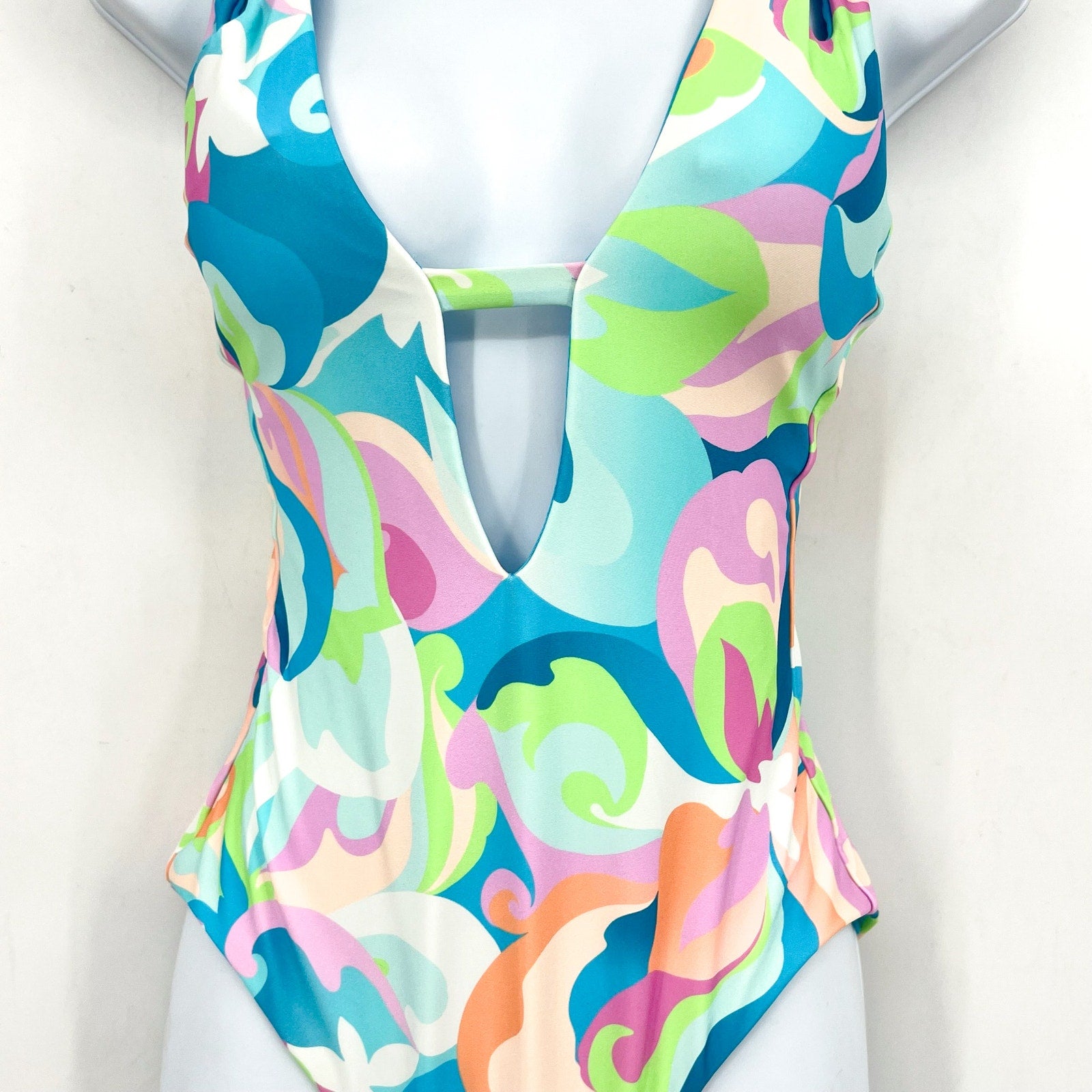 BECCA Women's All That Glitters One-Piece Swimsuit Small Blue Plunging Neck NWT