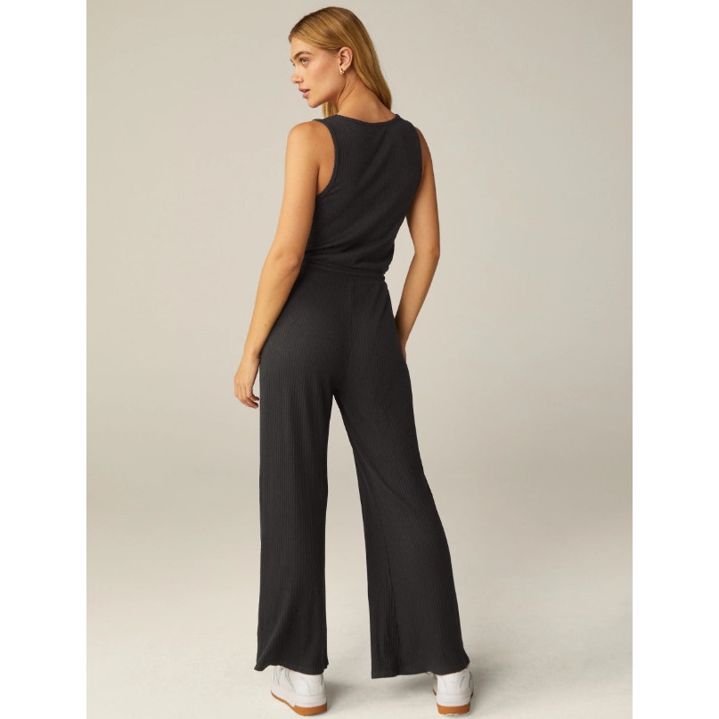 BEYOND YOGA Women's Jetsetter Wide Leg Jumpsuit Small Black Rib V Neck NWT