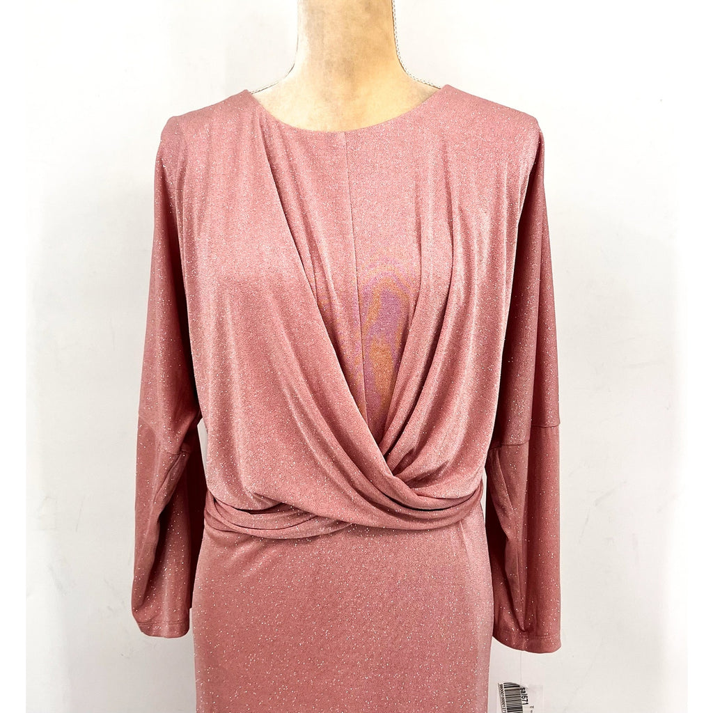 LONDON TIMES Women's Criss Cross Waist Dress 20W Pink Sparkle 3/4 Sleeve NWT