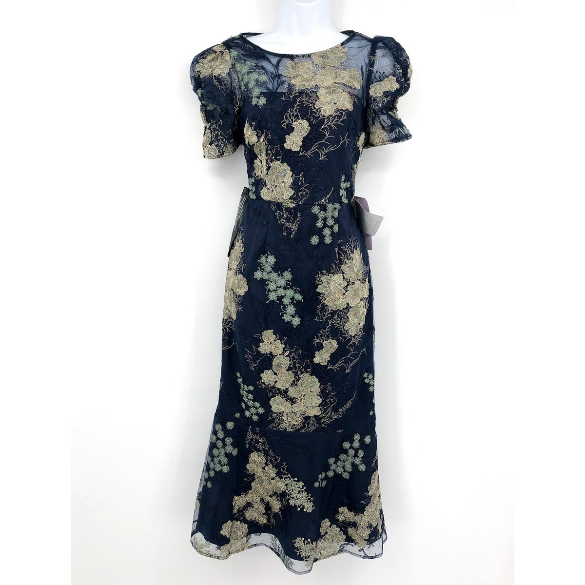 JS COLLECTION Women's Hope Flounce Tea Length Dress Size 2 Navy Jade Floral NWT