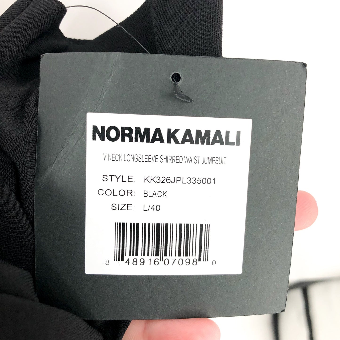 NORMA KAMALI V-Neck Long Sleeve Jumpsuit Large 40 Black Shirred Waist NWT