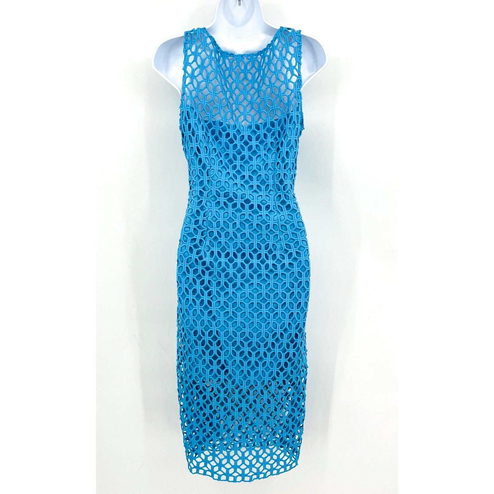 TRINA TURK Eleanor Midi Sheath Dress Size 6 Blue Grotto Crochet Sleeveless NWT