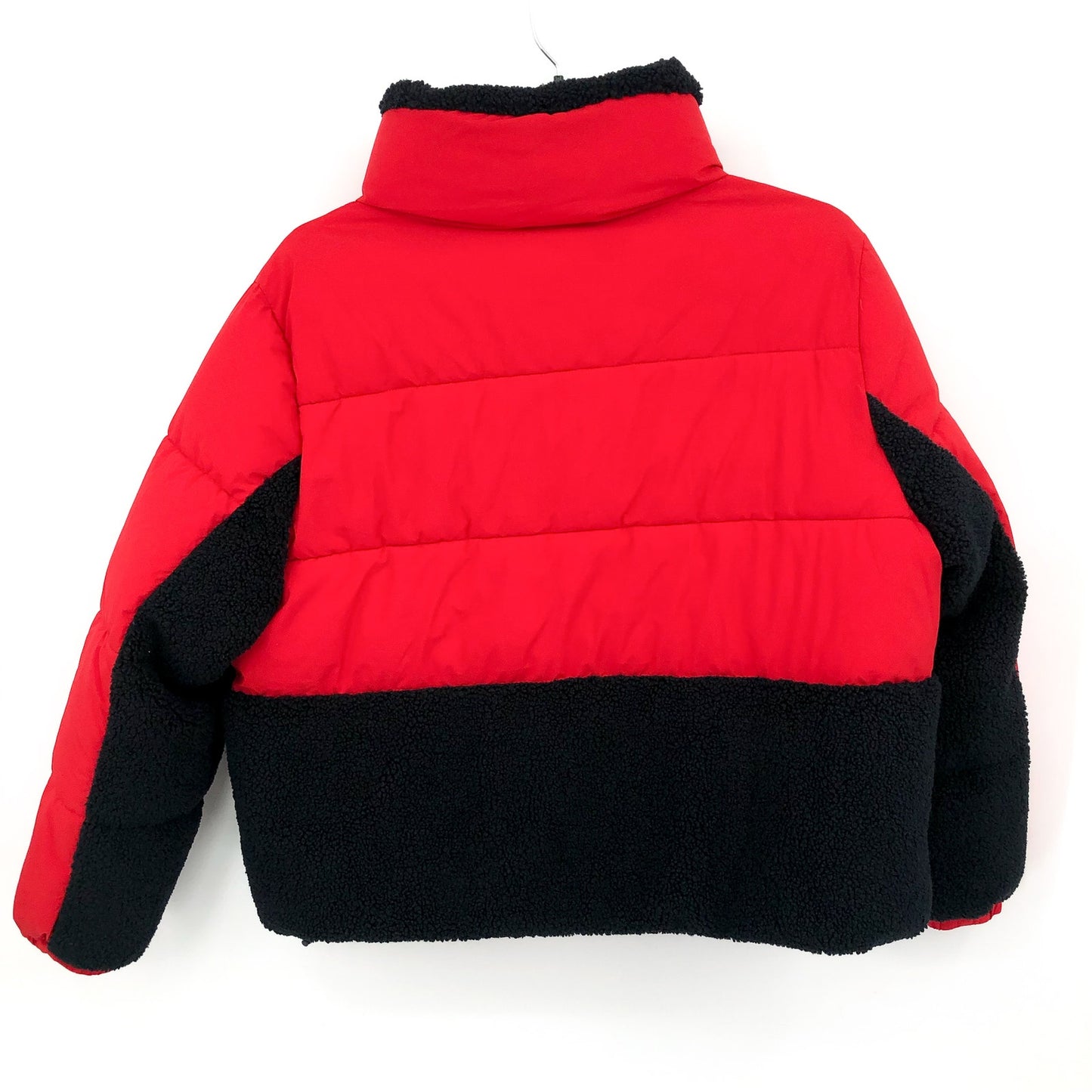 TOMMY HILFIGER Womens Colorblock Puffer Jacket XL Red Black Faux Fur Trim NWT
