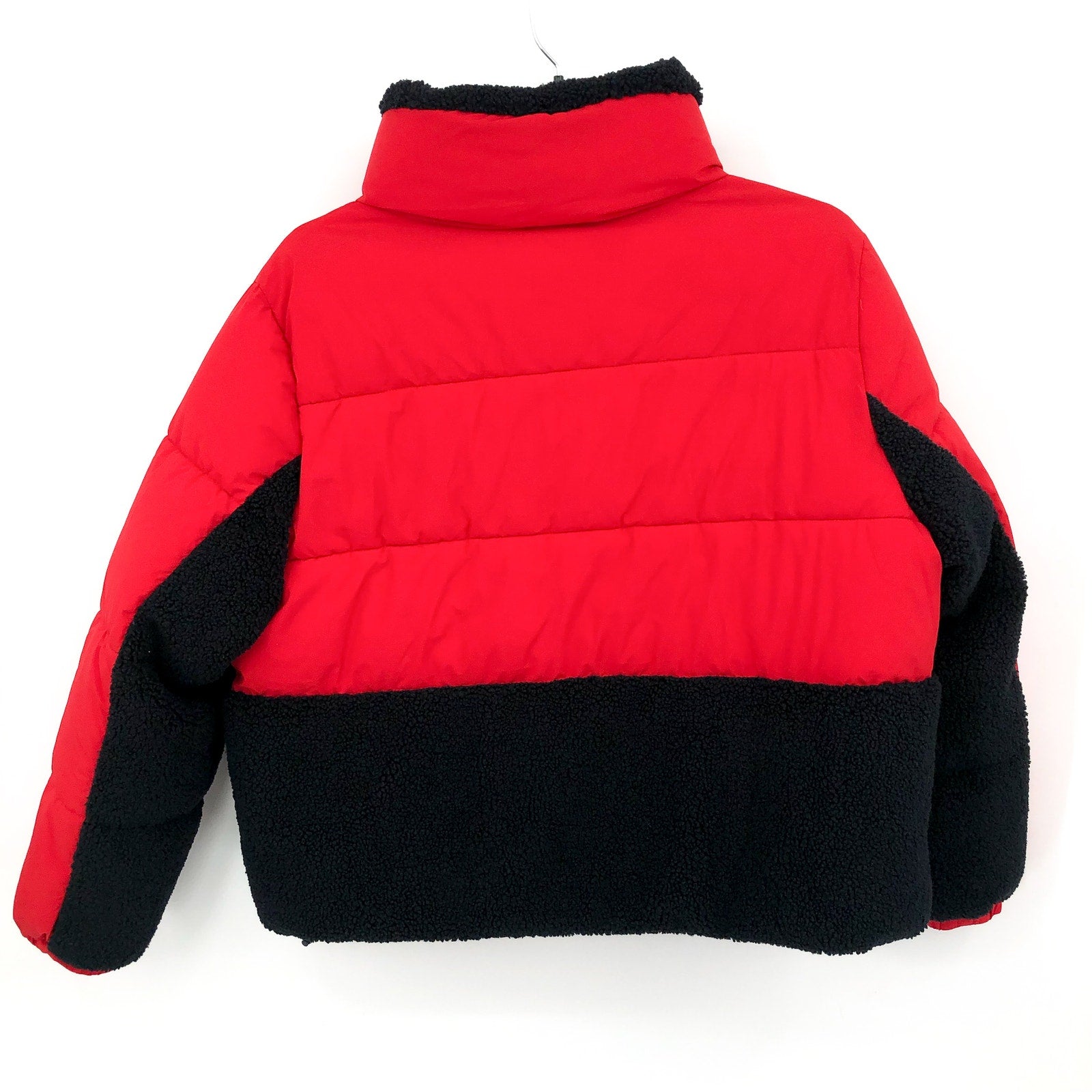 TOMMY HILFIGER Womens Colorblock Puffer Coat XL Red Black Sherpa Trim NWT