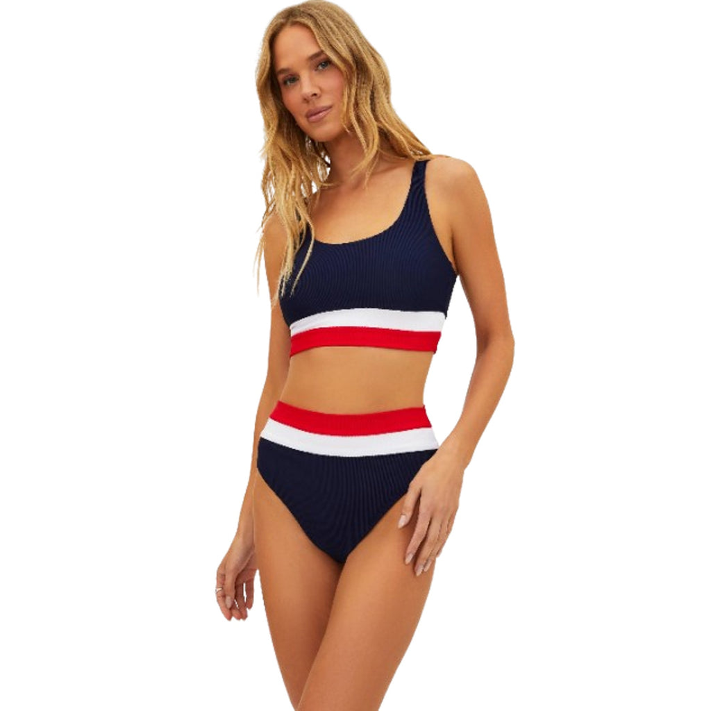 BEACH RIOT Heidi Bikini Bottom Medium Americana Colorblock Blue High Waist NWT
