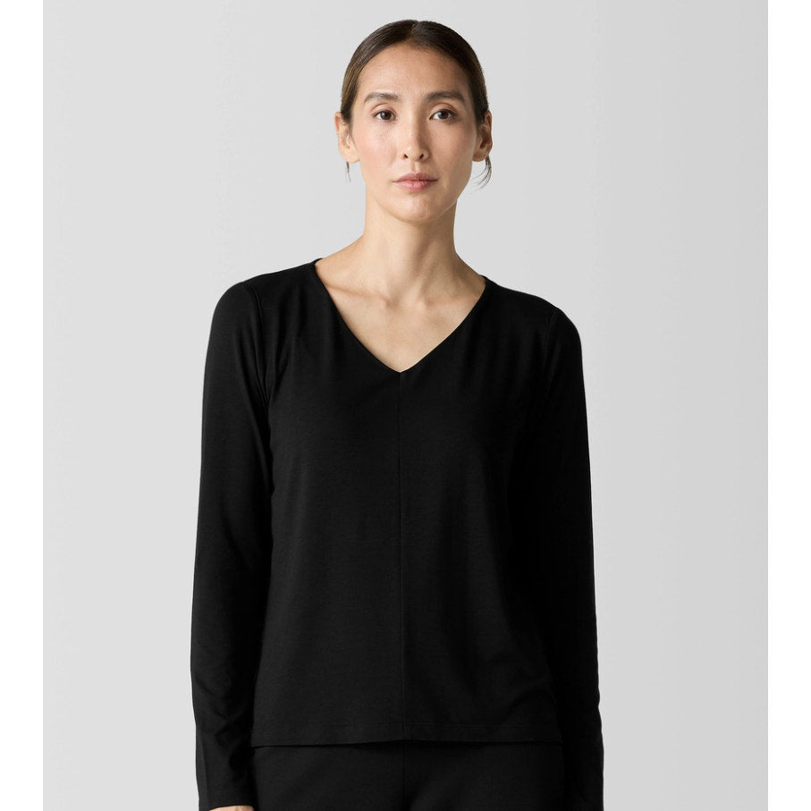 EILEEN FISHER Women's Fine Jersey Long Sleeve V-Neck Top XS Black Slim Fit NWT