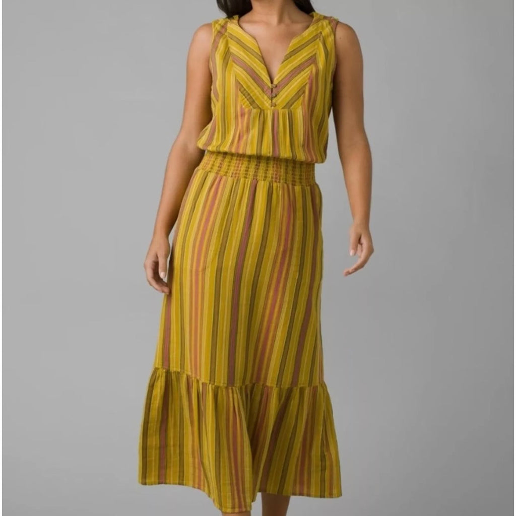 PRANA Womens California Dreaming Midi Dress Small Yellow Stripe Sleeveless NWT