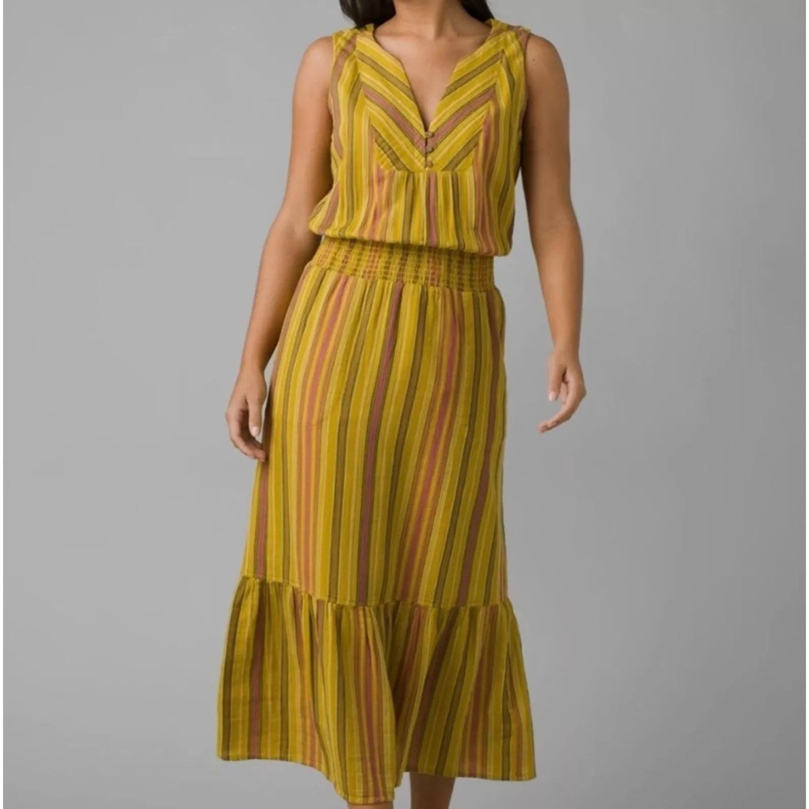 PRANA Womens California Dreaming Midi Dress Small Yellow Stripe Sleeveless NWT