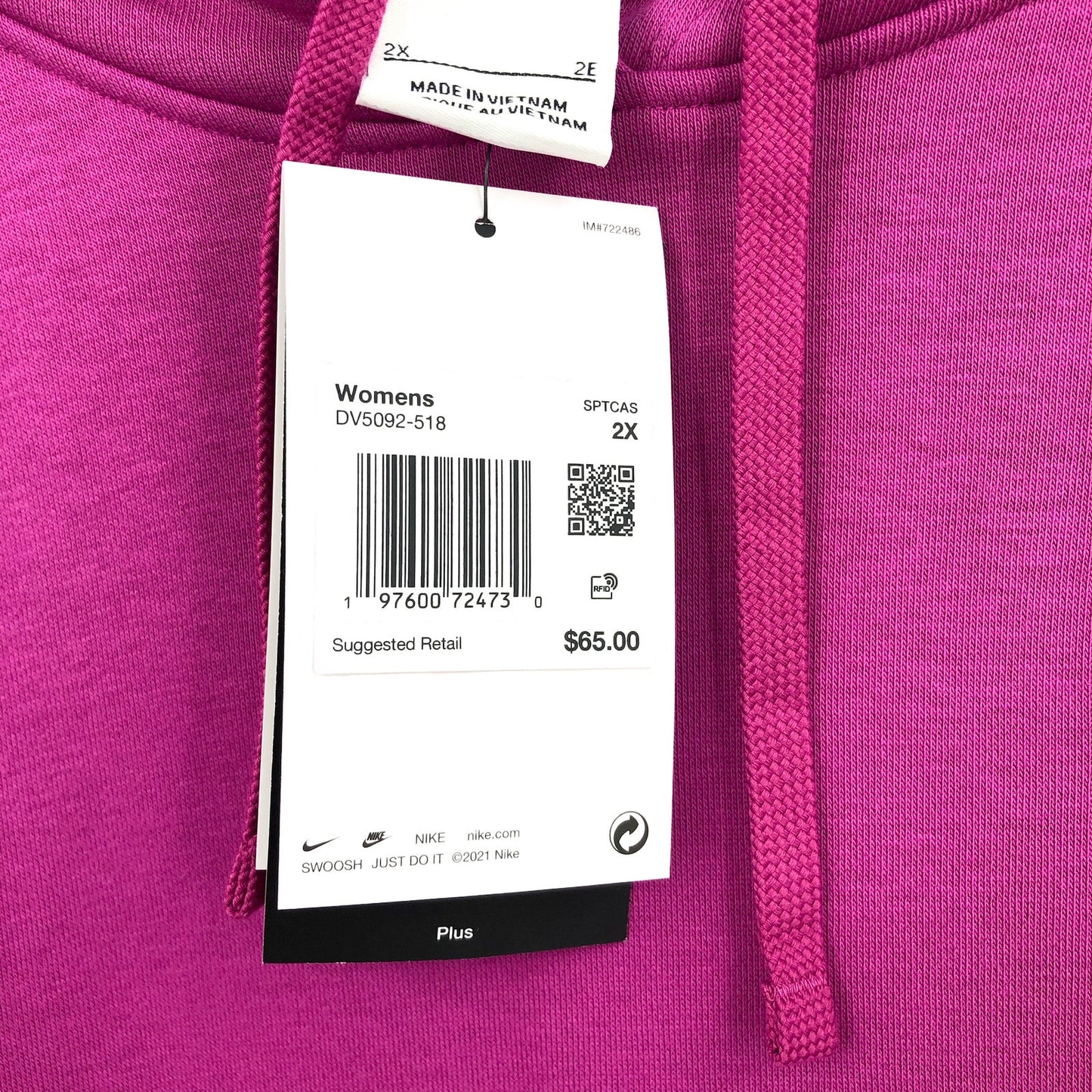 NIKE Womens Club Hoodie 2X Pink Fuschia Fleece Pullover Sweatshirt NWT