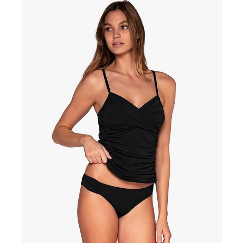 SUNSETS Women's Simone Tankini Top Large Black Swim Cross-Over Front NWT