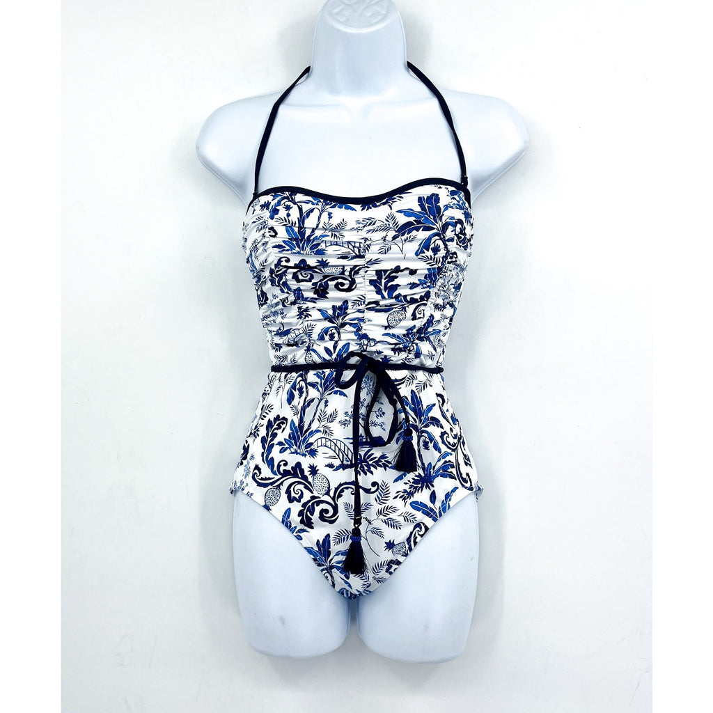 TOMMY BAHAMA Terrazzo Tile Bandeau One Piece Swimsuit Size 6 Blue Floral NWT