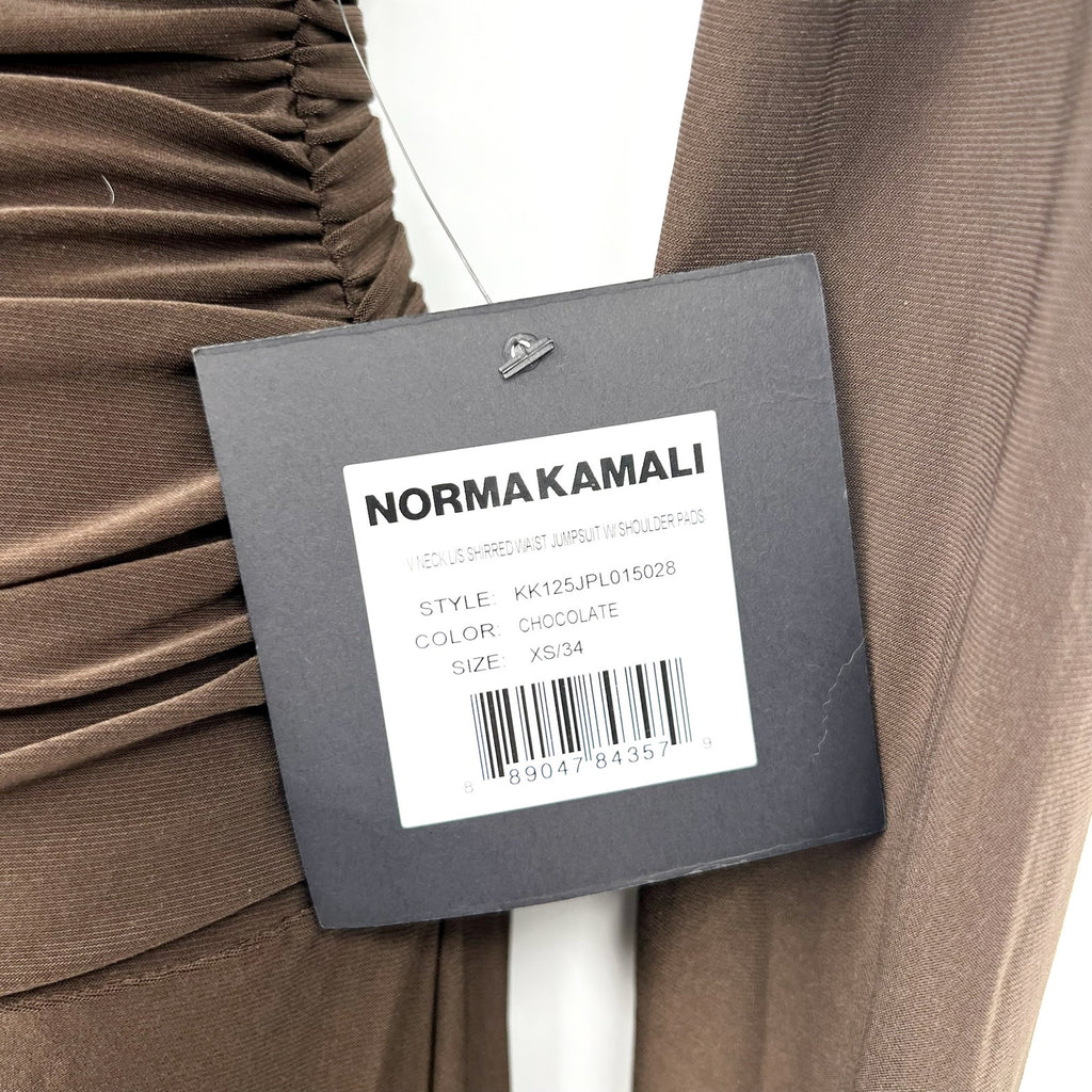 Norma Kamali V-Neck Shirred Waist Jumpsuit XS/34 Chocolate Brown Long Sleeve NWT