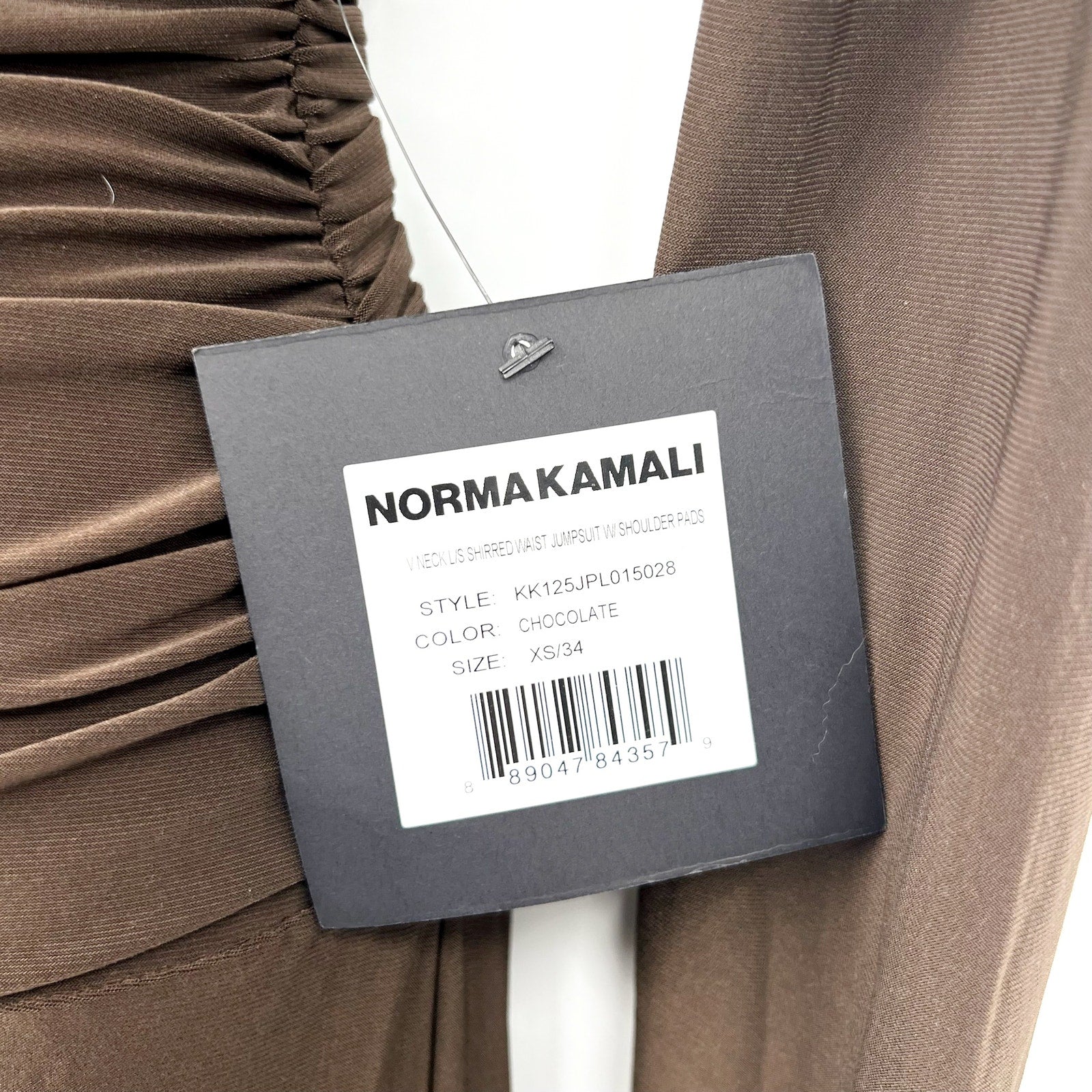 Norma Kamali V-Neck Shirred Waist Jumpsuit XS/34 Chocolate Brown Long Sleeve NWT