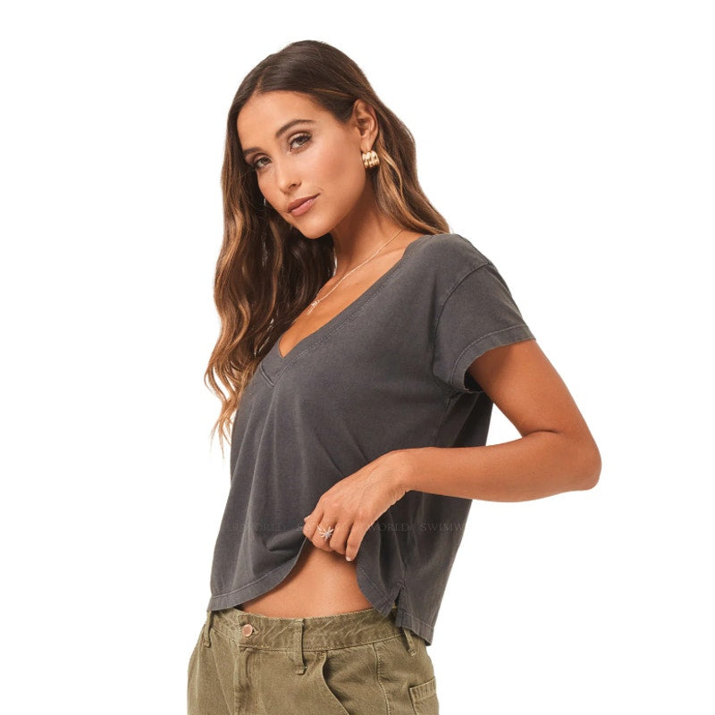 L*SPACE Women's West Coast Top Large Ash Short Sleeve V Neck Tshirt NWT