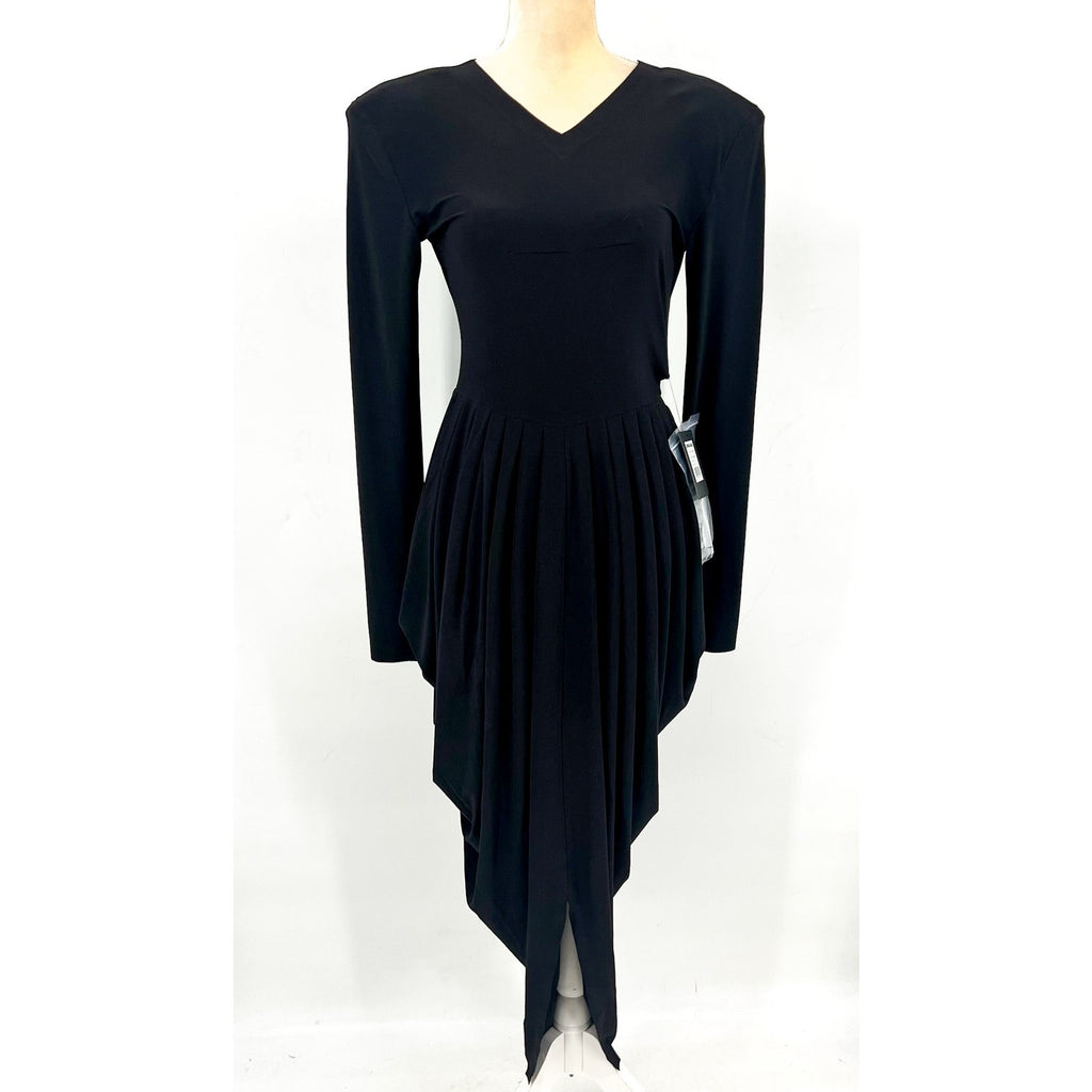 NORMA KAMALI Shoulder Pad Waterfall Dress XS/34 Black V Neck Stretch LS NWT