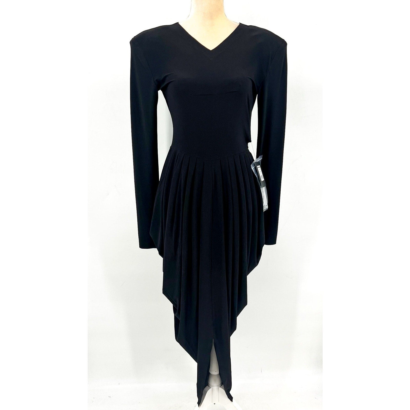NORMA KAMALI Shoulder Pad Waterfall Dress XS/34 Black V Neck Stretch LS NWT