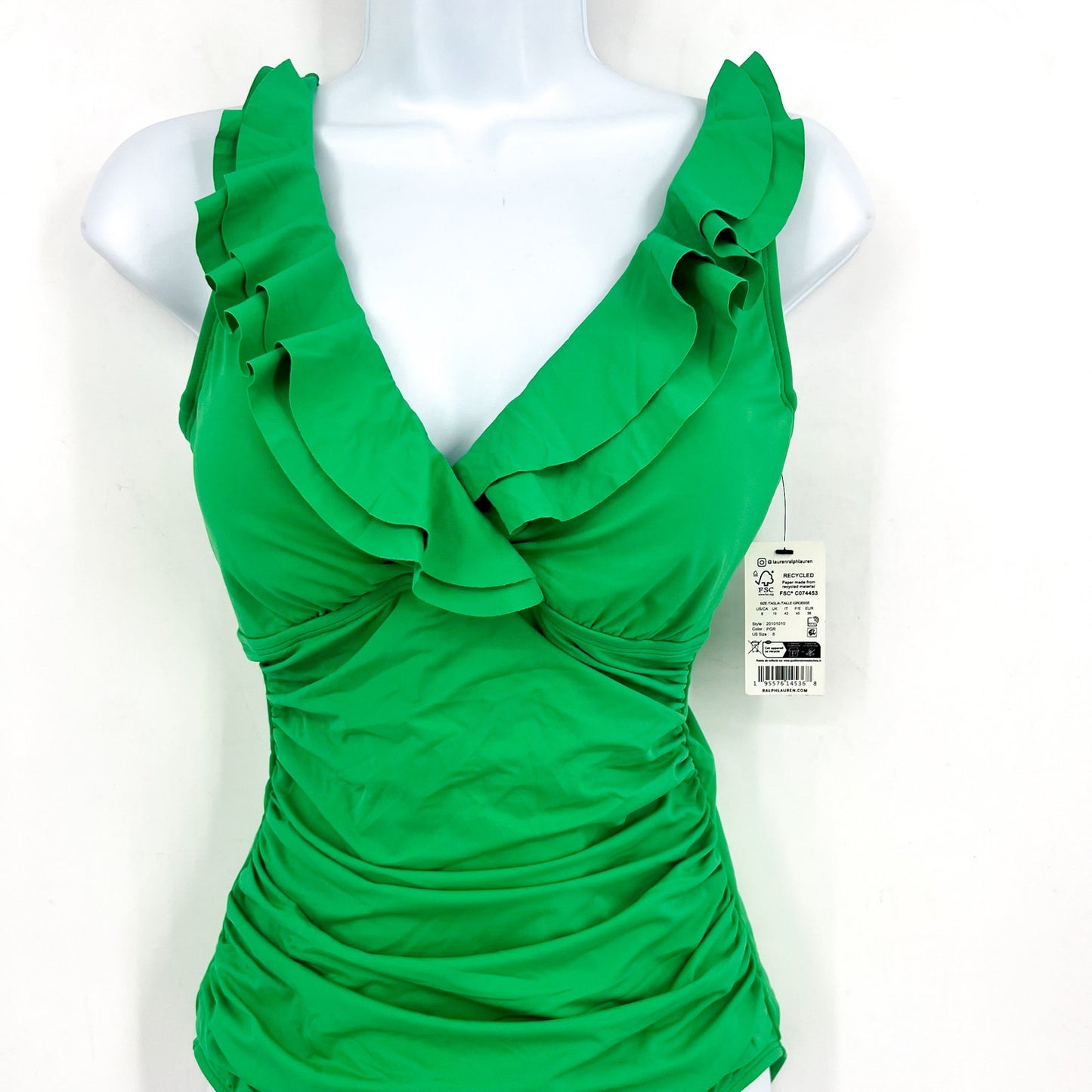 LAUREN RALPH LAUREN Ruffle One Piece Swimsuit Size 8 Palm Green Beach Club NWT