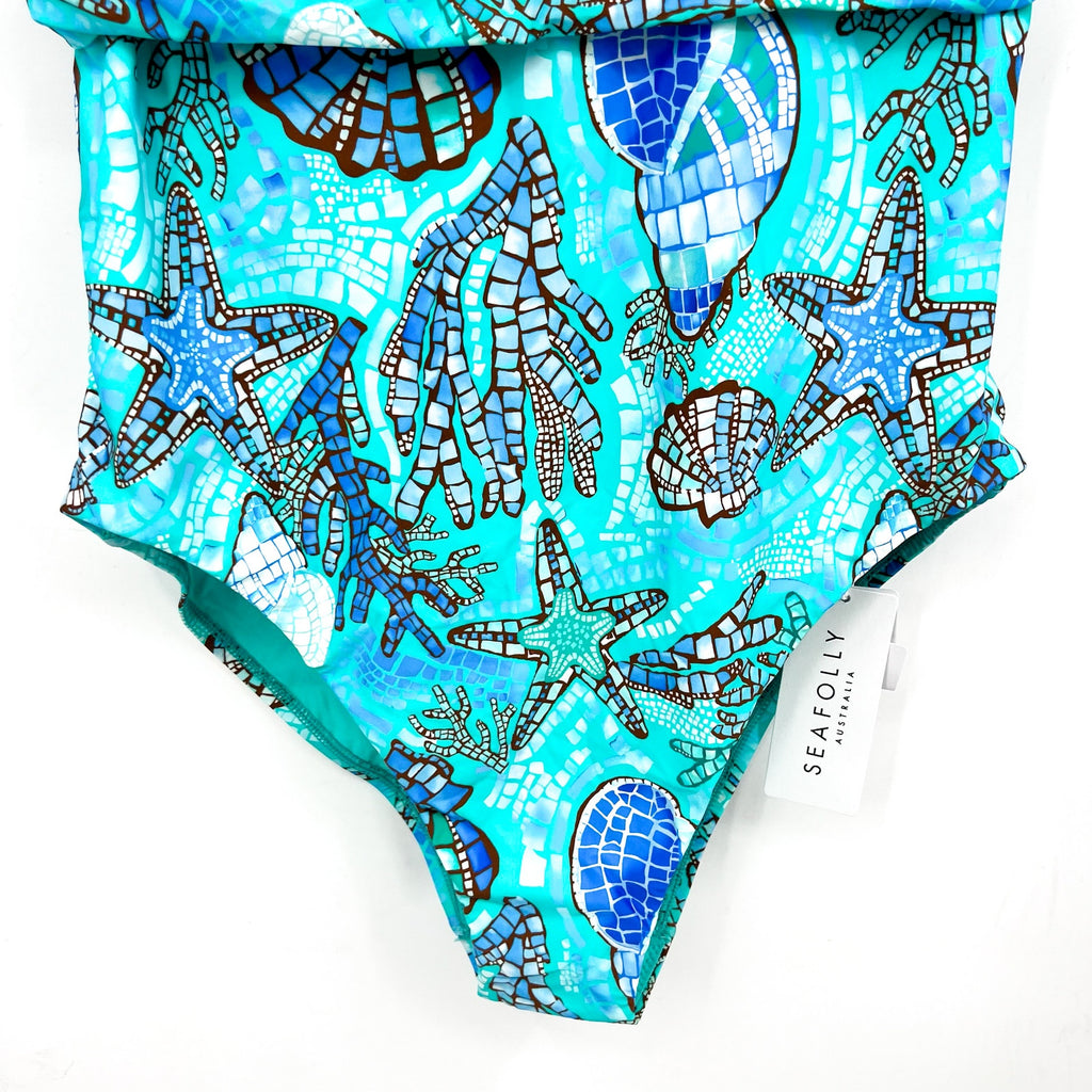 SEAFOLLY La Mer Cross Back One Piece Swimsuit Size 14 Aquatic Blue Print NWT