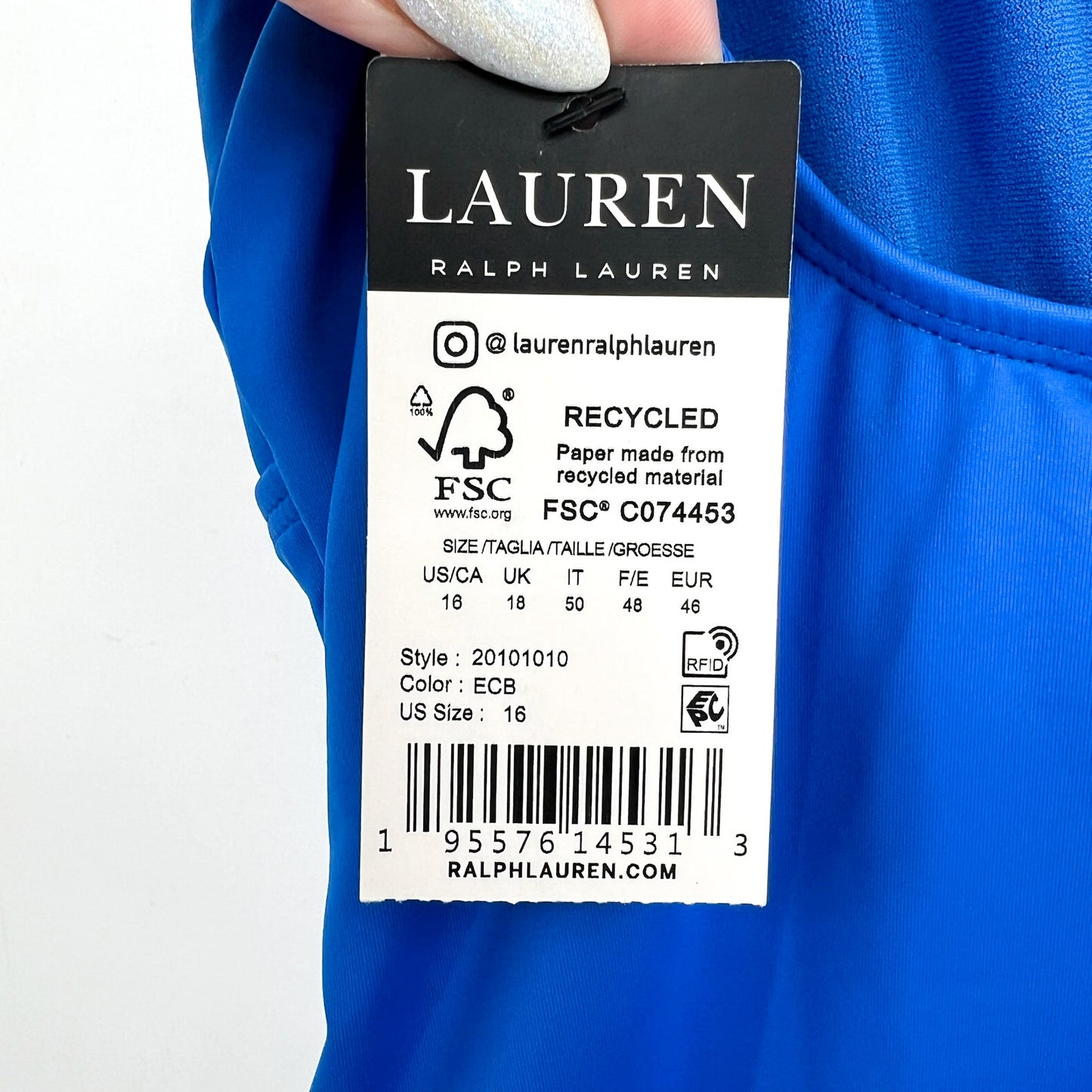 LAUREN RALPH LAUREN Ruffle One Piece Swimsuit Size 16 Royal Blue Beach Club NWT